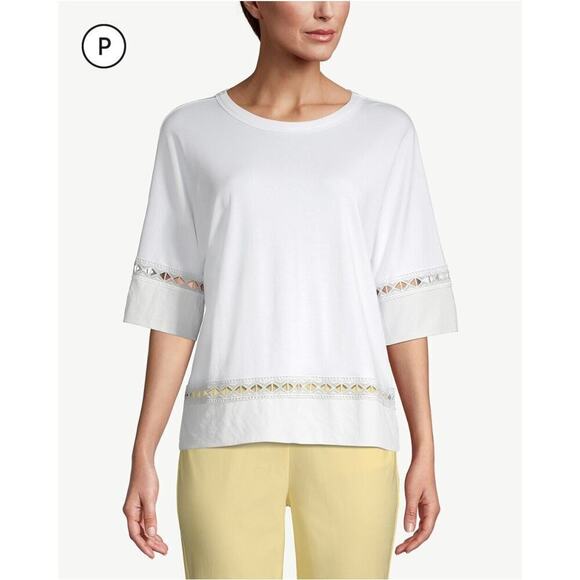 Chico's White Knit Lace Trim Tee Soft Cotton Relaxed Fit Top Womens Small NWT - Picture 1 of 10